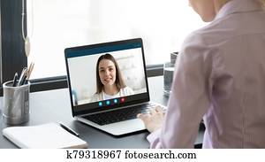 Woman worker have online consultation using video call Woman worker have online consultation using video call