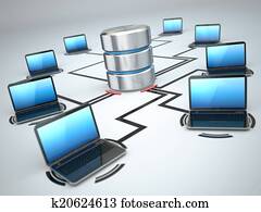 base dados, armazenamento, e, laptops., networking, conceito