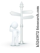 confused 3d character standing under direction board