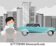 légszennyeződés, és, fiú, alatt, maszk, álló, háttér, közül, gyár, himneys, és, autó, kipufogócső, vektor, ábra