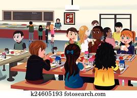 crianças comendo, em, a, escola, cafeteria
