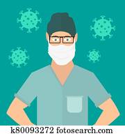 doctor, llevando, máscara cara, covid-19, vector, ilustración