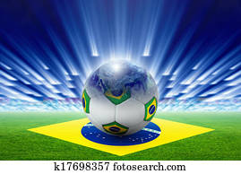 fussball, stadium,, ball,, globe,, fahne, von, brasilien fussball, stadium,, ball,, globe,, fahne, von, brasilien