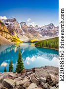 Landscape view of Moraine lake in Canadian Rocky Mountains