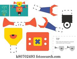 schneiden, und, klebstoff, papier, vektor, toy., niedlich, roboter, zeichen, als, a, pappe ausschnitt, modell schneiden, und, klebstoff, papier, vektor, toy., niedlich, roboter, zeichen, als, a, pappe ausschnitt, modell