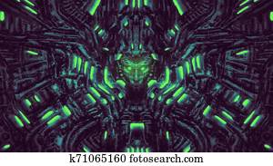 Alien wall with bas-relief and protruding robot head. Alien wall with bas-relief and protruding robot head.