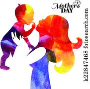 aquarell, mutter, silhouette, mit, sie, baby. aquarell, mutter, silhouette, mit, sie, baby.