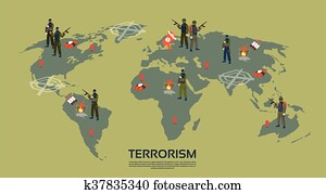 Armed Terrorist Group Over World Map Terrorism Concept