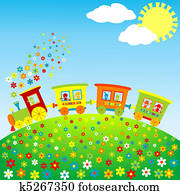 Colored toy train with happy kids Colored toy train with happy kids