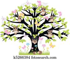 um, árvore, com, lote, de, animais