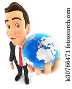 3d, geschäftsmann, hält, blau, erde