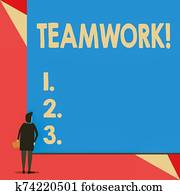 handschrift, tekst, teamwork., concept, betekenis, gecombineerd, actie, van, groep, vooral, wanneer, effectief, en, efficiënt, achtermening, jonge vrouw, schouwend, leeg, groot, rectangle., geometrisch, achtergrond.