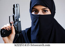 Muslim female terrorist holding handgun