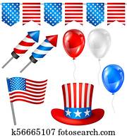 רביעי של יולי, יום עצמאות, סמלים, set., אמריקאי, פטריוטי, דוגמה