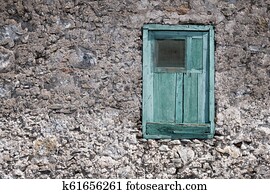 Hölzern, grunge, geschlossene, fenster, mit, schmiedeeisen, gitter, in