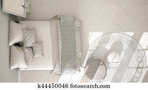 Classic bedroom, minimalistic scandinavian interior design, top view Classic bedroom, minimalistic scandinavian interior design, top view