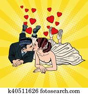 feliz, par wedding, kissing., arte pop, novia, y, novio., vector, ilustración
