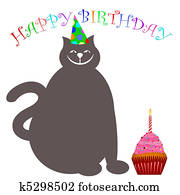 Happy Birthday Cat with Hat Cupcake and Candle Happy Birthday Cat with Hat Cupcake and Candle