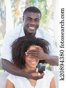 hombre, cubierta, el, ojos, de, el suyo, novia, mientras, preparando, propuesta