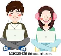 Teenagers With Headphones Laptop Sitting Teenagers With Headphones Laptop Sitting