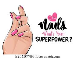 וקטור, אישה יפה, ידיים, עם, ורוד, מסמר, polish., האנדוורוט, לאטארינג, על, nails.