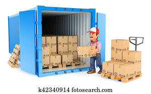 3d, trabajador, carga, o, descargar, un, contenedor