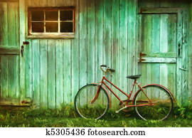 Digital Painting of old bicycle against barn Digital Painting of old bicycle against barn