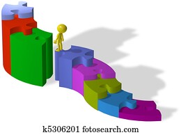 Person climb up puzzle pieces to find missing solution Person climb up puzzle pieces to find missing solution