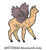 Cute llama with wings. Scratch board imitation. Color hand drawn image. Cute llama with wings. Scratch board imitation. Color hand drawn image.