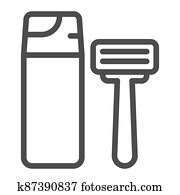 Shaving foam and razor line icon, Hygiene routine concept, Men skincare products sign on white background, Shaving foam bottle and shave razor icon in outline style. Vector graphics. Shaving foam and razor line icon, Hygiene routine concept, Men skincare products sign on white background, Shaving foam bottle and shave razor icon in outline style. Vector graphics.