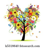 verão, floral, árvore, forma coração