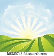 idyllic, verde, campos, com, sol, raios, azul, céu