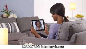 niedlich, negerin, sprechen, mit, spezi, auf, tablette