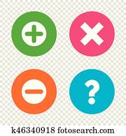 Plus and minus icons. Question FAQ symbol. Plus and minus icons. Question FAQ symbol.