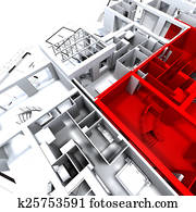 Red apartment mockup on blueprints Red apartment mockup on blueprints