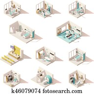 Vector isometric low poly hospital rooms Vector isometric low poly hospital rooms