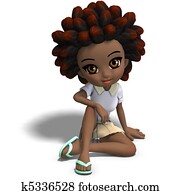 cute little cartoon school girl with curly hair. 3D rendering with clipping path and shadow over white
