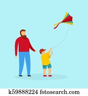 Father son and kite background, flat style Father son and kite background, flat style