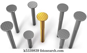 Golden nail between steel ones isolated on white