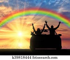 Happy people in the car with the dog Happy people in the car with the dog