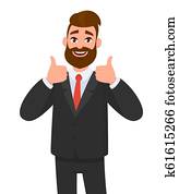 Portrait of excited business man dressed in black formal wear showing thumbs up sign. Deal, like, agree, approve, accept illustration concept in cartoon vector style. Portrait of excited business man dressed in black formal wear showing thumbs up sign. Deal, like, agree, approve, accept illustration concept in cartoon vector style.