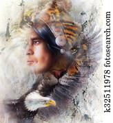 tiger with eagle and indian warrior and headdress illustration. wildlife animals on painting background, Eye contact, White, black and brown color tiger with eagle and indian warrior and headdress illustration. wildlife animals on painting background, Eye contact, White, black and brown color