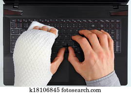 trabalhar, um, caderno, com, mão, ferimento