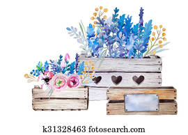 Watercolor flowers wooden box. Hand-drawn vintage illustration. Watercolor flowers wooden box. Hand-drawn vintage illustration.