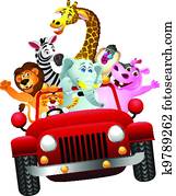 African animals in red car African animals in red car
