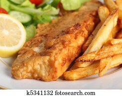 Battered fish with chips and salad Battered fish with chips and salad
