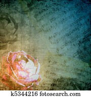 Romantic background in retro style with silhouette of rose and musical notes Romantic background in retro style with silhouette of rose and musical notes