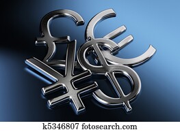 silver dollar, yen or yuan, pound, euro signs over a blue background