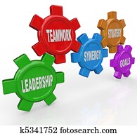 zahnräder, -, führung, gemeinschaftsarbeit, synergie, strategie, ziele