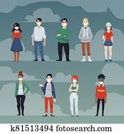 Coronavirus epidemic with people in masks for Covid-19 flat vector illustration. Coronavirus epidemic with people in masks for Covid-19 flat vector illustration.